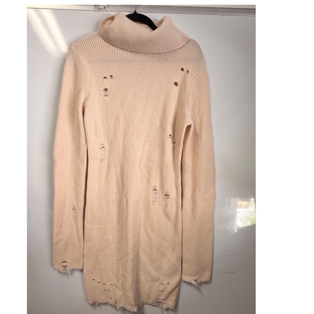 Lovers + Friends Distressed Turtleneck Sweater Dress Cream Wool Blend L Grunge